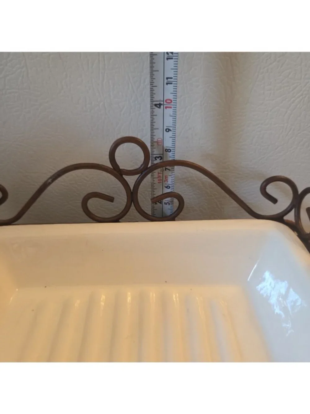 White Ceramic Soap Dish with Wrought Iron Holder Scrolled Brown Metal EUC